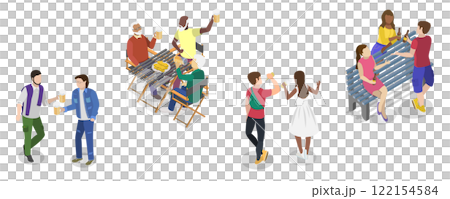 3D Isometric Flat Illustration of People Enjoy Beer, Refreshing and Sociable Qualities of the Drink 3D Isometric Flat Illustration of People Enjoy Beer, Refreshing and Sociable Qualities of the Drink 122154584