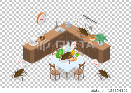 3D Isometric Flat  Illustration of Cockroach In Home Kitchen, Bugs Causing a Threat to Hygiene 122154591