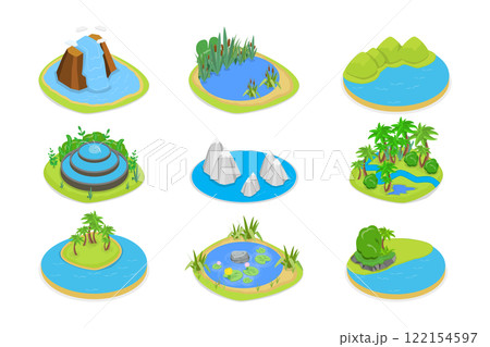 3D Isometric Flat  Set of Natural Water Landscape , River, Waterfall, Pond, and Fountain 122154597