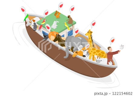 3D Isometric Flat  Illustration of Ark And Noah, Noah releases dove from ark in Genesis flood narrative scene. 122154602
