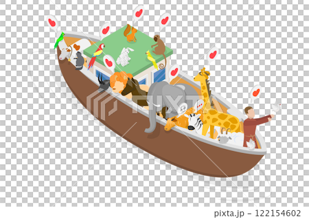 3D Isometric Flat  Illustration of Ark And Noah, Noah releases dove from ark in Genesis flood narrative scene. 122154602