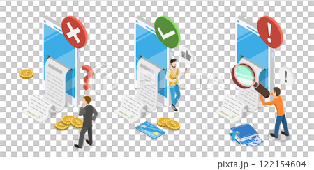 3D Isometric Flat  Illustration of Bank Payment Receipt, Success and Error Status Check 122154604