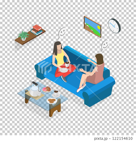 3D Isometric Flat  Illustration of Friends Conversation, Chattering and Laughing with Drinks on Sofa 122154610