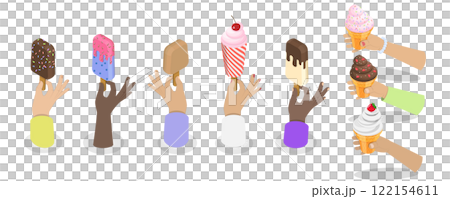3D Isometric Flat  Set of Hands Holding Ice Creams, Food To-go, Cold Frozen Summer Dessert 122154611