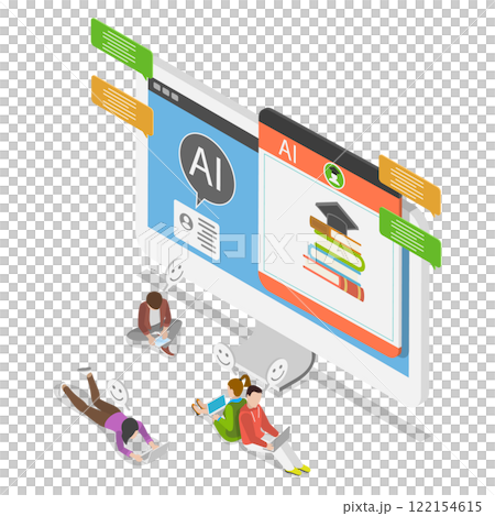 3D Isometric Flat Illustration of AI Helper Bot Education, Students Engaging in E-Learning with Education Assistant 3D Isometric Flat Illustration of AI Helper Bot Education, Students Engaging in E-Learning with Education Assistant 122154615