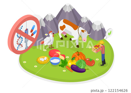 3D Isometric Flat Illustration of Organic Farming, Products Without Antibiotics, Hormones, or GMO Ingredients 3D Isometric Flat Illustration of Organic Farming, Products Without Antibiotics, Hormones, or GMO Ingredients 122154626