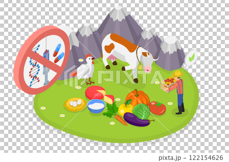 3D Isometric Flat  Illustration of Organic Farming, Products Without Antibiotics, Hormones, or GMO Ingredients 122154626