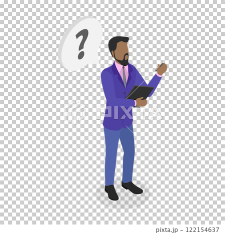 3D Isometric Flat Illustration of Office Worker, Man Thinks While Holding Clipboard and Pen 3D Isometric Flat Illustration of Office Worker, Man Thinks While Holding Clipboard and Pen 122154637