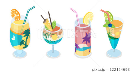 3D Isometric Flat  Set of Summer Cocktails, Refreshing Cold Drinks 122154698