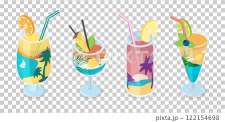 3D Isometric Flat  Set of Summer Cocktails, Refreshing Cold Drinks 122154698