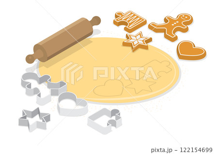 3D Isometric Flat  Illustration of Sweet Pastry, Dough, Wooden Rolling Pin, and Cookie Cutters 122154699
