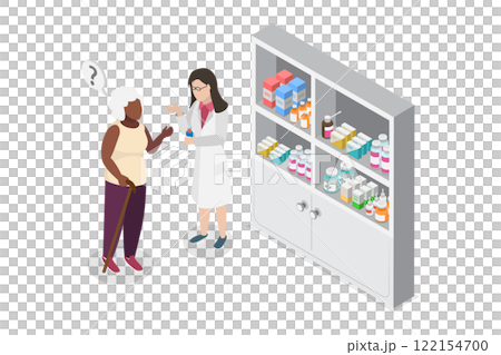 3D Isometric Flat  Illustration of Pharmacist And Senior Man, Drug and Prescription at Drugstore 3D Isometric Flat  Illustration of Pharmacist And Senior Man, Drug and Prescription at Drugstore 122154700