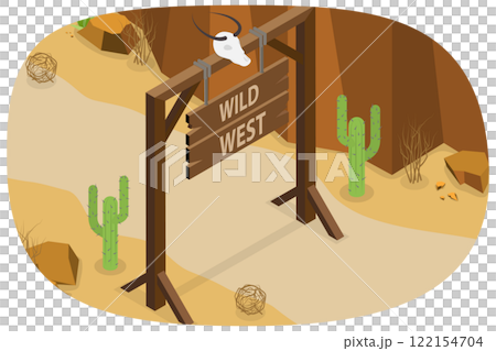 3D Isometric Flat  Illustration of Wild West Composition, Cacti, Trees and Wooden Gates 122154704