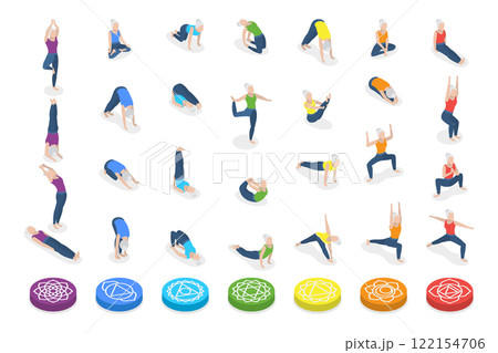 3D Isometric Flat  Illustration of Chakra Systems , Collection of Yoga Poses for Women 122154706
