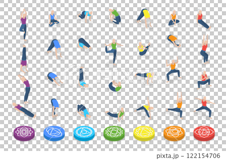 3D Isometric Flat  Illustration of Chakra Systems , Collection of Yoga Poses for Women 122154706
