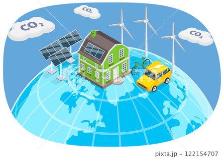 3D Isometric Flat Illustration of Sustainable Environment, Reducing CO2 Emissions 3D Isometric Flat Illustration of Sustainable Environment, Reducing CO2 Emissions 122154707
