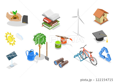 3D Isometric Flat  Illustration of Volunteering And Charity, Charitable Projects Focused on Education and Environment 122154715