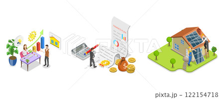 3D Isometric Flat  Illustration of Going Solar , Solar Energy Process from Beginning to End 122154718