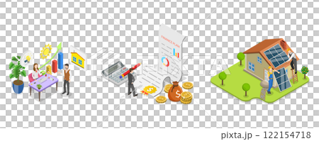 3D Isometric Flat  Illustration of Going Solar , Solar Energy Process from Beginning to End 122154718