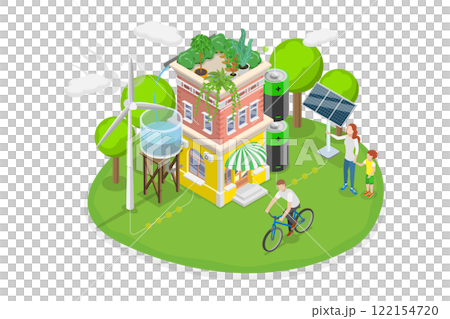 3D Isometric Flat  Illustration of Green Energy Initiatives, Ecological House 122154720