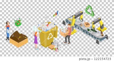 3D Isometric Flat  Illustration of Garbage Management, Efficient Waste Recycling for Eco Future 122154723