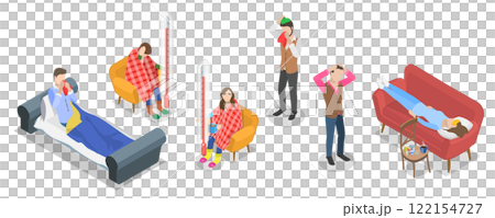 3D Isometric Flat Illustration of Diverse Unhealthy People, Charecters Suffering from Flu and Fever with Cough and Sneeze 3D Isometric Flat Illustration of Diverse Unhealthy People, Charecters Suffering from Flu and Fever with Cough and Sneeze 122154727