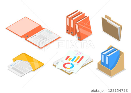 3D Isometric Flat  Set of Folders With Files, Business Paperwork 122154738