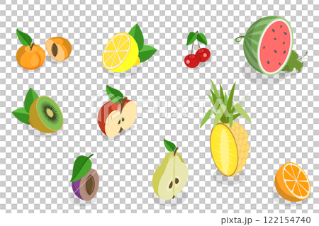3D Isometric Flat  Set of Fruits, Tasty and Healthy Nutrition 122154740