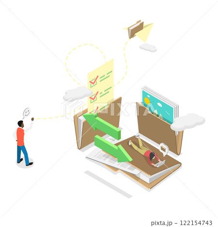 3D Isometric Flat Illustration of File Transfer, Migration or Transfer of Documents 3D Isometric Flat Illustration of File Transfer, Migration or Transfer of Documents 122154743