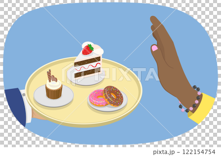 3D Isometric Flat  Illustration of Stop Eating Unhealthy Food, Rejection of Junk Treats 122154754