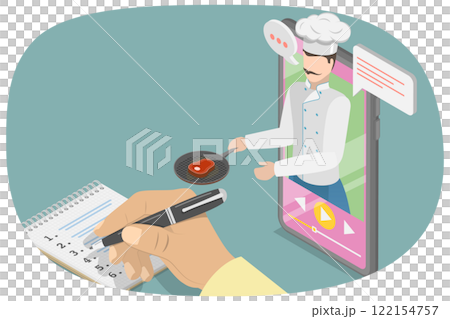 3D Isometric Flat  Illustration of Recipe Book App, Online Cooking Instructions from Chef 122154757