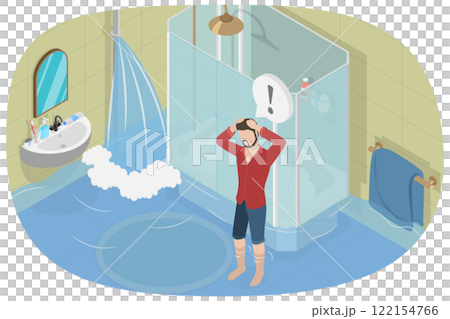 3D Isometric Flat Illustration of Bathroom Flood, Accident and Disaster at Home 3D Isometric Flat Illustration of Bathroom Flood, Accident and Disaster at Home 122154766