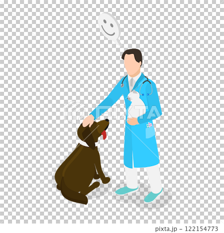 3D Isometric Flat  Illustration of Vet Doctor, Healthy and Happy Pets 122154773