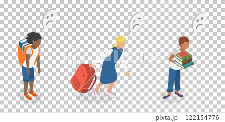 3D Isometric Flat  Illustration of Exhausted Schoolchildren, Tired Students Struggling with Academic Demands 122154776