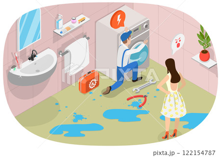 3D Isometric Flat  Illustration of Plumbing Repair Service, Faucet or Water Leakage Problems 122154787