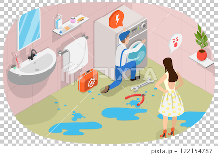 3D Isometric Flat  Illustration of Plumbing Repair Service, Faucet or Water Leakage Problems 122154787