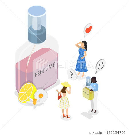 3D Isometric Flat  Illustration of Perfumery Shop, People Delighting of Floral Deodorant Scent 122154793