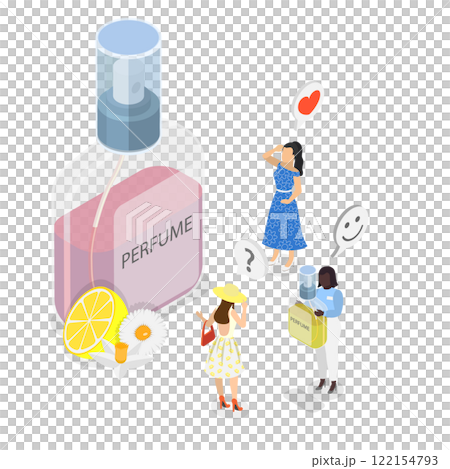 3D Isometric Flat  Illustration of Perfumery Shop, People Delighting of Floral Deodorant Scent 122154793