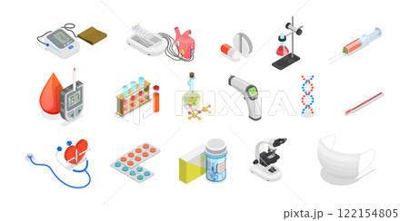 3D Isometric Flat Set of Medicine Elements, Medication and Pharmaceutics 3D Isometric Flat Set of Medicine Elements, Medication and Pharmaceutics 122154805