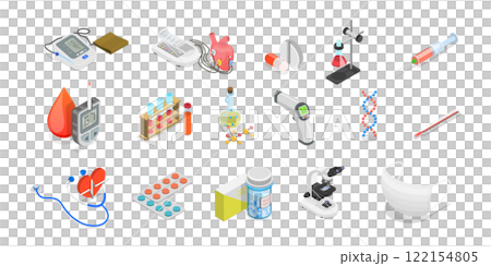 3D Isometric Flat Set of Medicine Elements, Medication and Pharmaceutics 3D Isometric Flat Set of Medicine Elements, Medication and Pharmaceutics 122154805