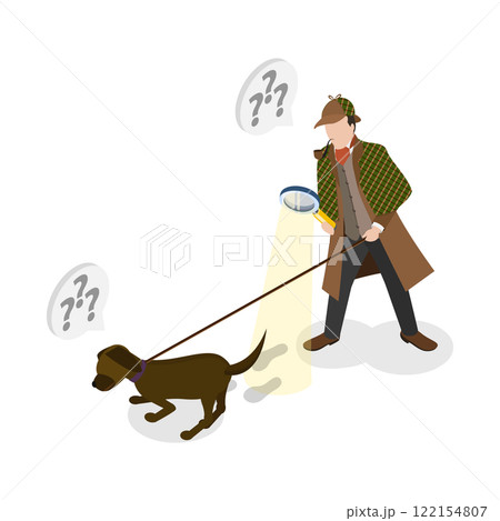 3D Isometric Flat Illustration of Detective With Dog, A Police Inspector with Magnifying Glass Following a Trail 3D Isometric Flat Illustration of Detective With Dog, A Police Inspector with Magnifying Glass Following a Trail 122154807