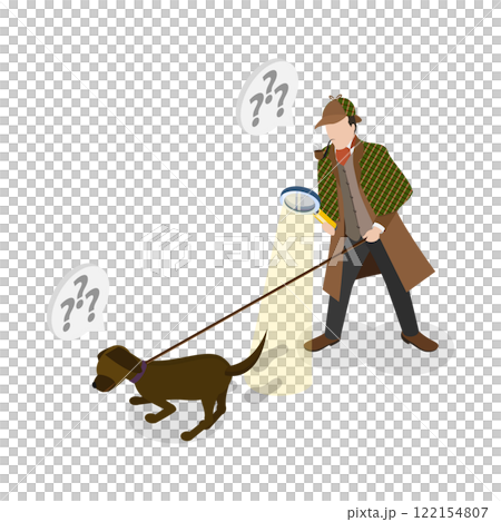 3D Isometric Flat Illustration of Detective With Dog, A Police Inspector with Magnifying Glass Following a Trail 3D Isometric Flat Illustration of Detective With Dog, A Police Inspector with Magnifying Glass Following a Trail 122154807