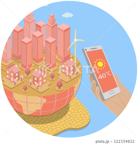 3D Isometric Flat  Illustration of Hot Summer , Climate Change Causing Abnormal Temperature Problem 122154812