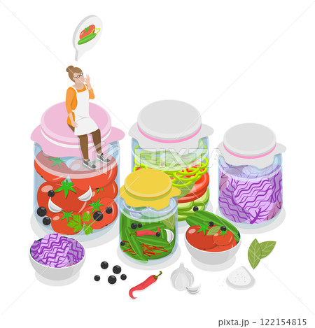 3D Isometric Flat  Illustration of Fermented Foods, Jarred Healthy Pickles and Cabbage 122154815
