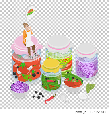 3D Isometric Flat  Illustration of Fermented Foods, Jarred Healthy Pickles and Cabbage 122154815