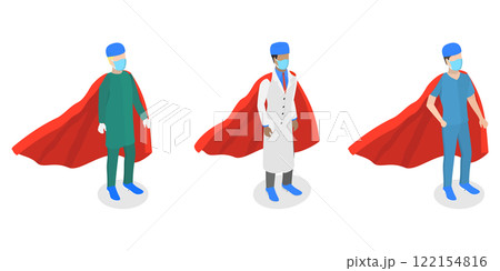 3D Isometric Flat  Illustration of Doctor Super Hero, Professional Hospital Workers 122154816