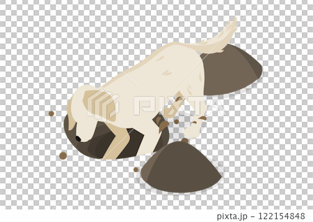 3D Isometric Flat  Illustration of Dog Digging a Hole in Soil, Wagging Tail Embodying Joy 122154848
