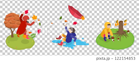3D Isometric Flat  Illustration of Autumn Cozy Moments, Leaf Collecting, Crunchy Piles, and Cozy Nature Moments 122154853