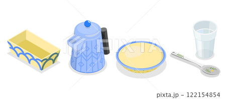 3D Isometric Flat  Set of Kitchen Utensils In Retro Style, Decorative Plate or Dish 122154854