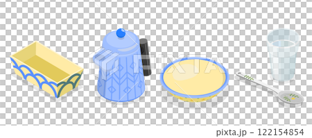 3D Isometric Flat  Set of Kitchen Utensils In Retro Style, Decorative Plate or Dish 122154854